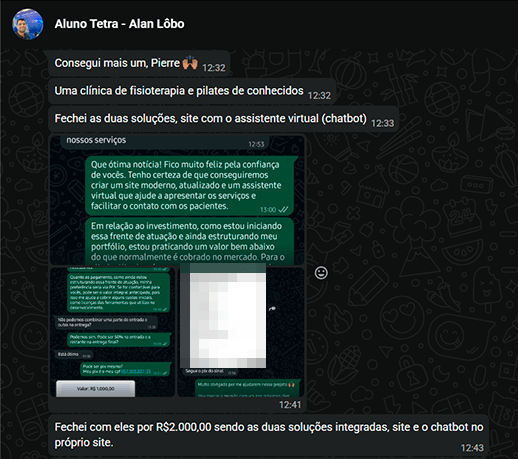 Aluno Alan Lôbo conta que fechou site e chatbot para uma clínica de fisioterapia e pilates por R$ 2.000