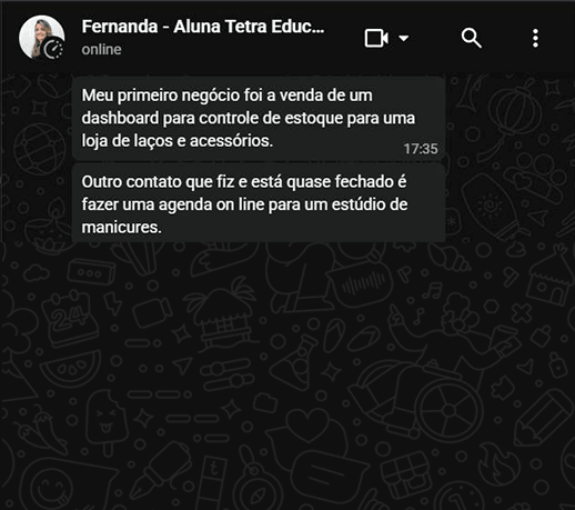 Aluna Fernanda conta que vendeu um dashboard de controle de estoque e negocia um segundo projeto