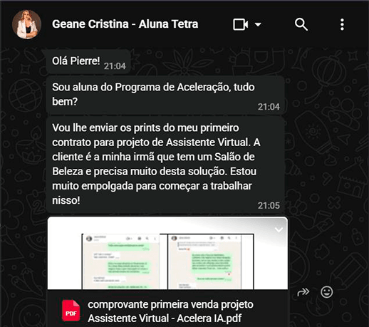 Aluna Geane Cristina envia o comprovante do primeiro contrato de um projeto de Assistente Virtual