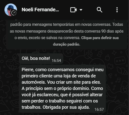 Aluna Noeli conta que fechou o primeiro cliente, uma loja de venda de automóveis, para criar um site